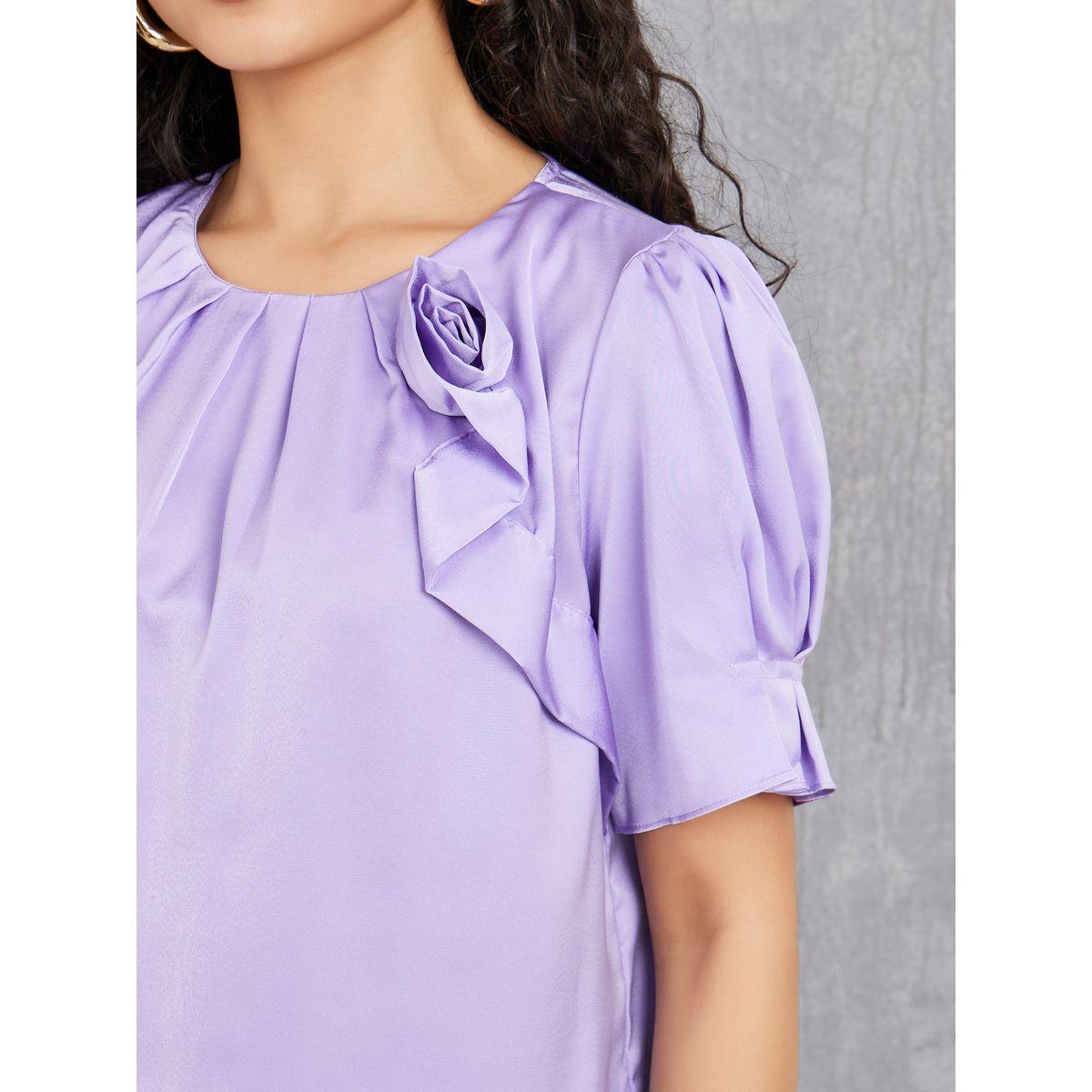 Styli Floral Applique Detail Satin Blouse with Pleated Sleeves-women-clothing-shirtsandblouses-blouses-image-4