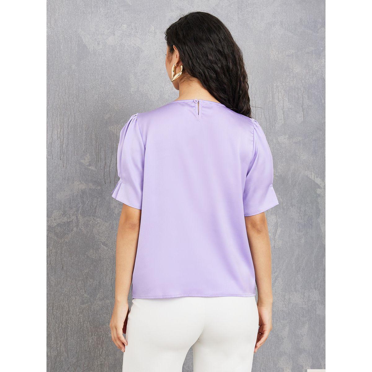 Styli Floral Applique Detail Satin Blouse with Pleated Sleeves-women-clothing-shirtsandblouses-blouses-image-5