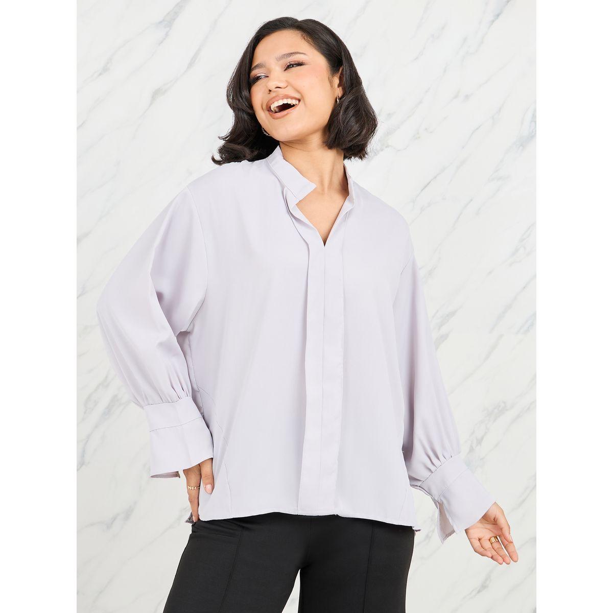 بلوزة سادة بأكتاف منخفضة وياقة مدببة-women-clothing-shirtsandblouses-blouses-image-4