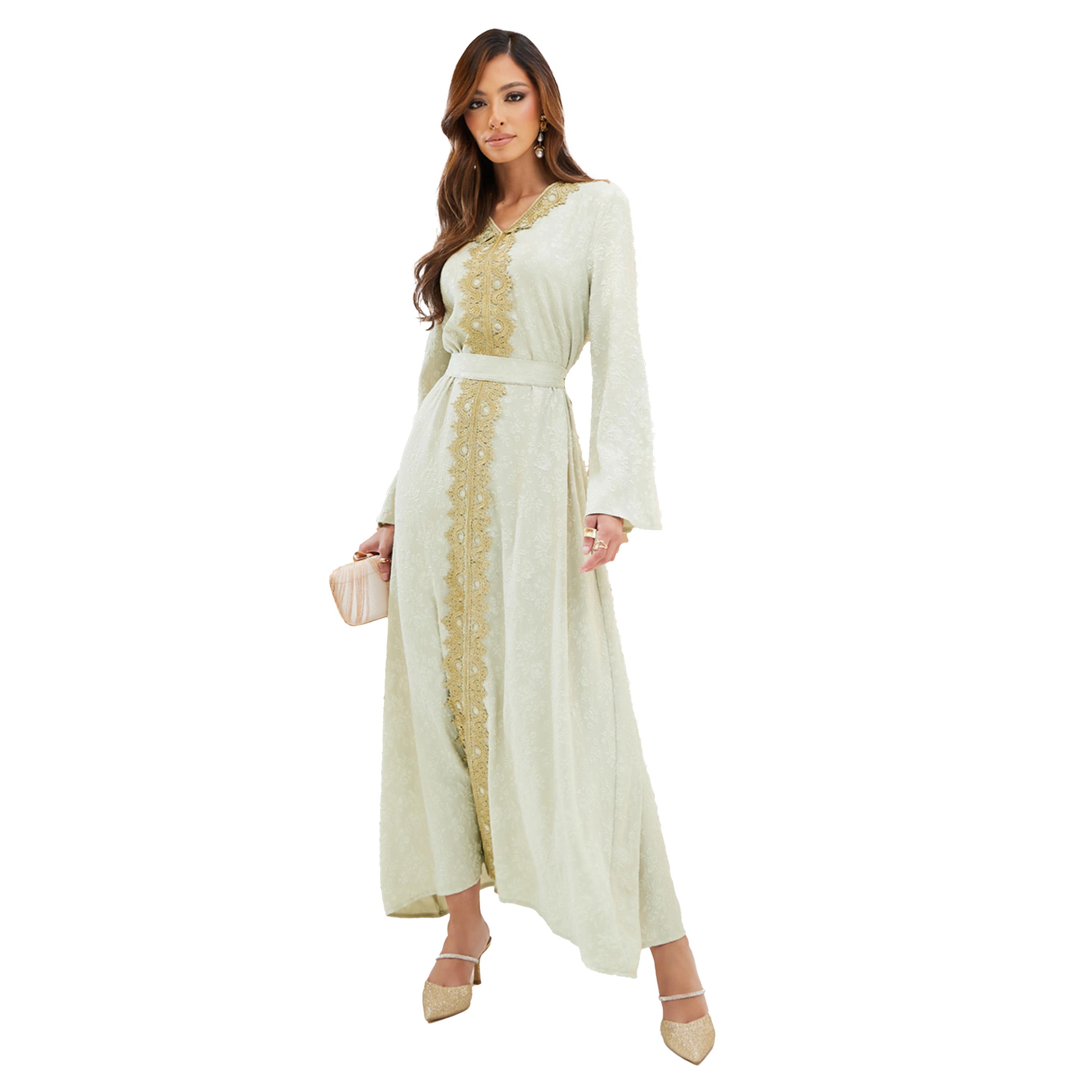ستايلي - قفطان جاكار بفتحة على شكل حرف V مع تفاصيل دانتيل-women-arabicclothing-kaftan-image-2