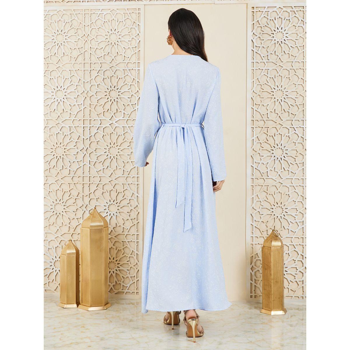 Styli Jacquard Kaftan with Self Tie Up-women-arabicclothing-kaftan-image-4