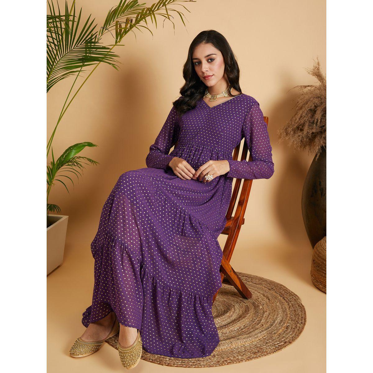 فستان طويل بكسرات وطبعة فويل ساسافراس × ستايلي-women-clothing-ethnicwear-dresses-image-2
