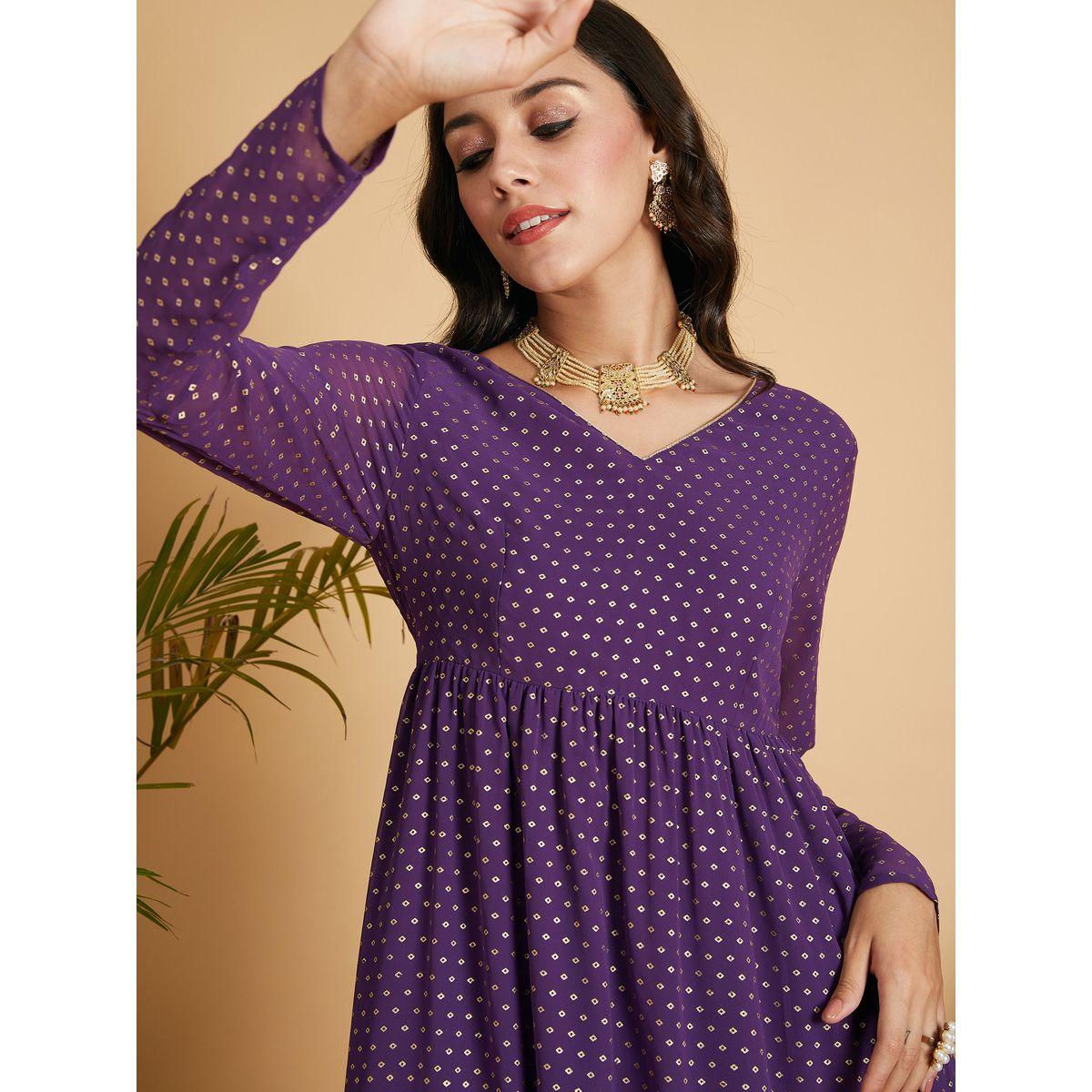 فستان طويل بكسرات وطبعة فويل ساسافراس × ستايلي-women-clothing-ethnicwear-dresses-image-4