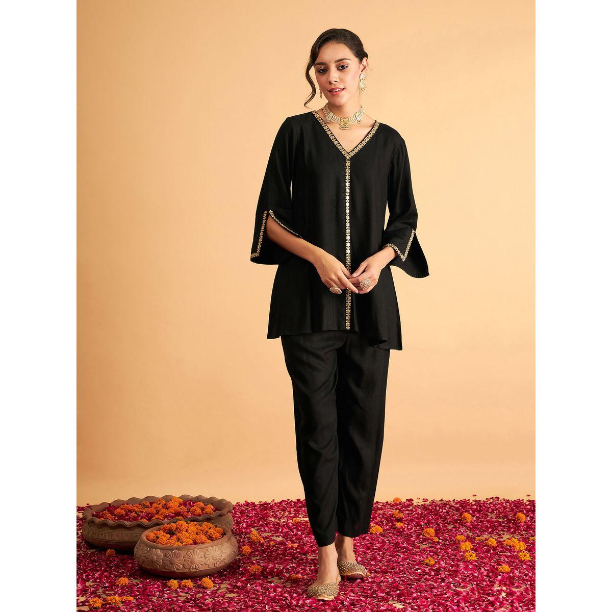 Sassafras X Styli Embroidered Trim A Line Longline Top and Straight Pant Sets-women-clothing-ethnicwear-salwarsuits-image-1