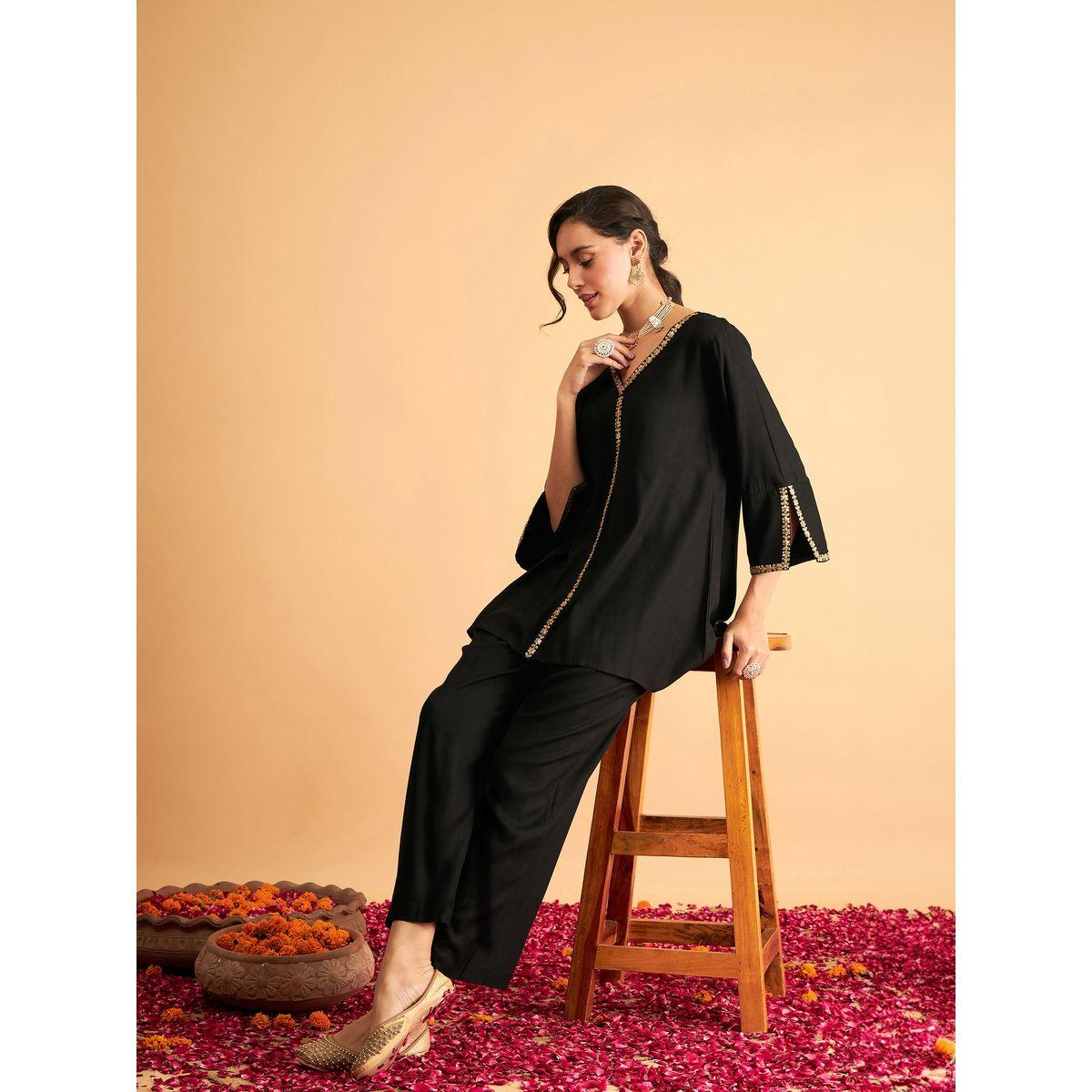 Sassafras X Styli Embroidered Trim A Line Longline Top and Straight Pant Sets-women-clothing-ethnicwear-salwarsuits-image-2