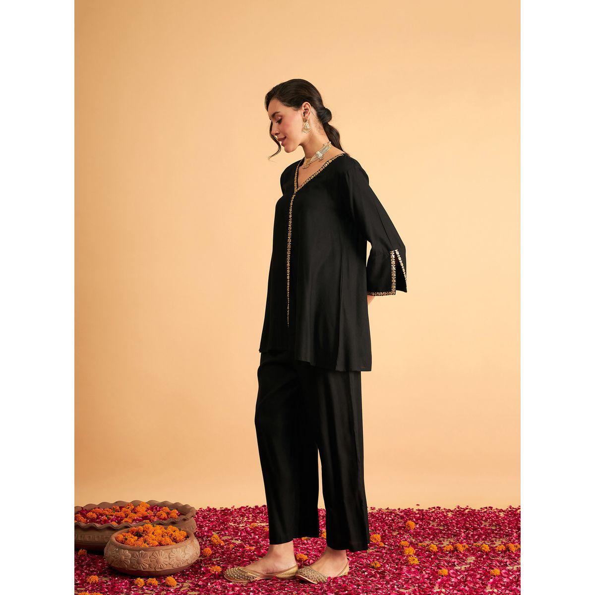 Sassafras X Styli Embroidered Trim A Line Longline Top and Straight Pant Sets-women-clothing-ethnicwear-salwarsuits-image-3