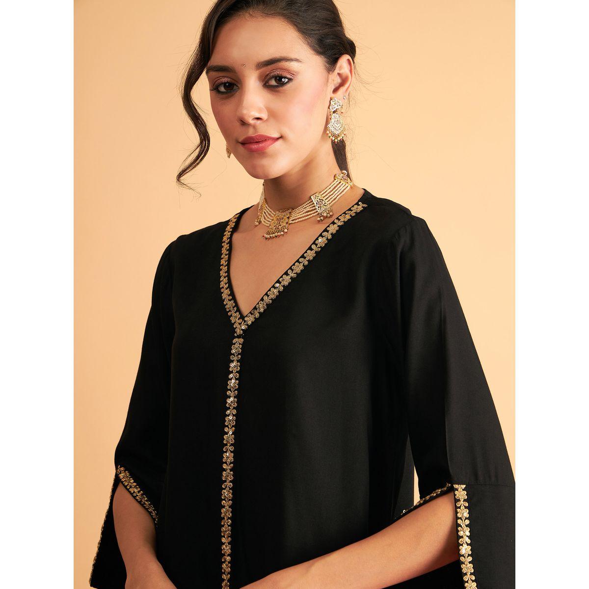 Sassafras X Styli Embroidered Trim A Line Longline Top and Straight Pant Sets-women-clothing-ethnicwear-salwarsuits-image-4