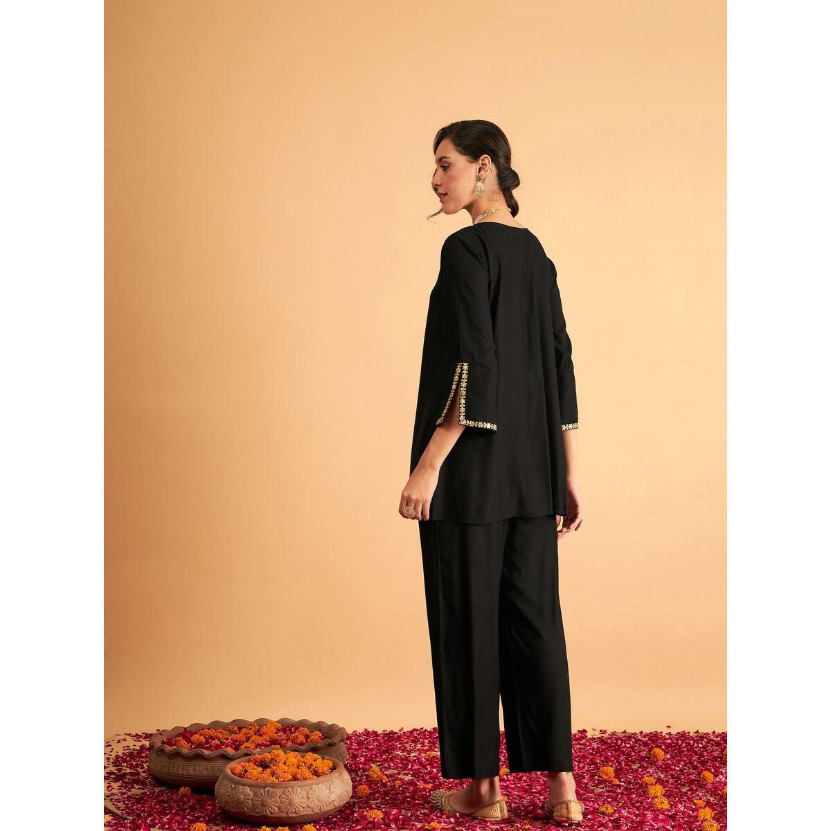 Sassafras X Styli Embroidered Trim A Line Longline Top and Straight Pant Sets-women-clothing-ethnicwear-salwarsuits-image-6