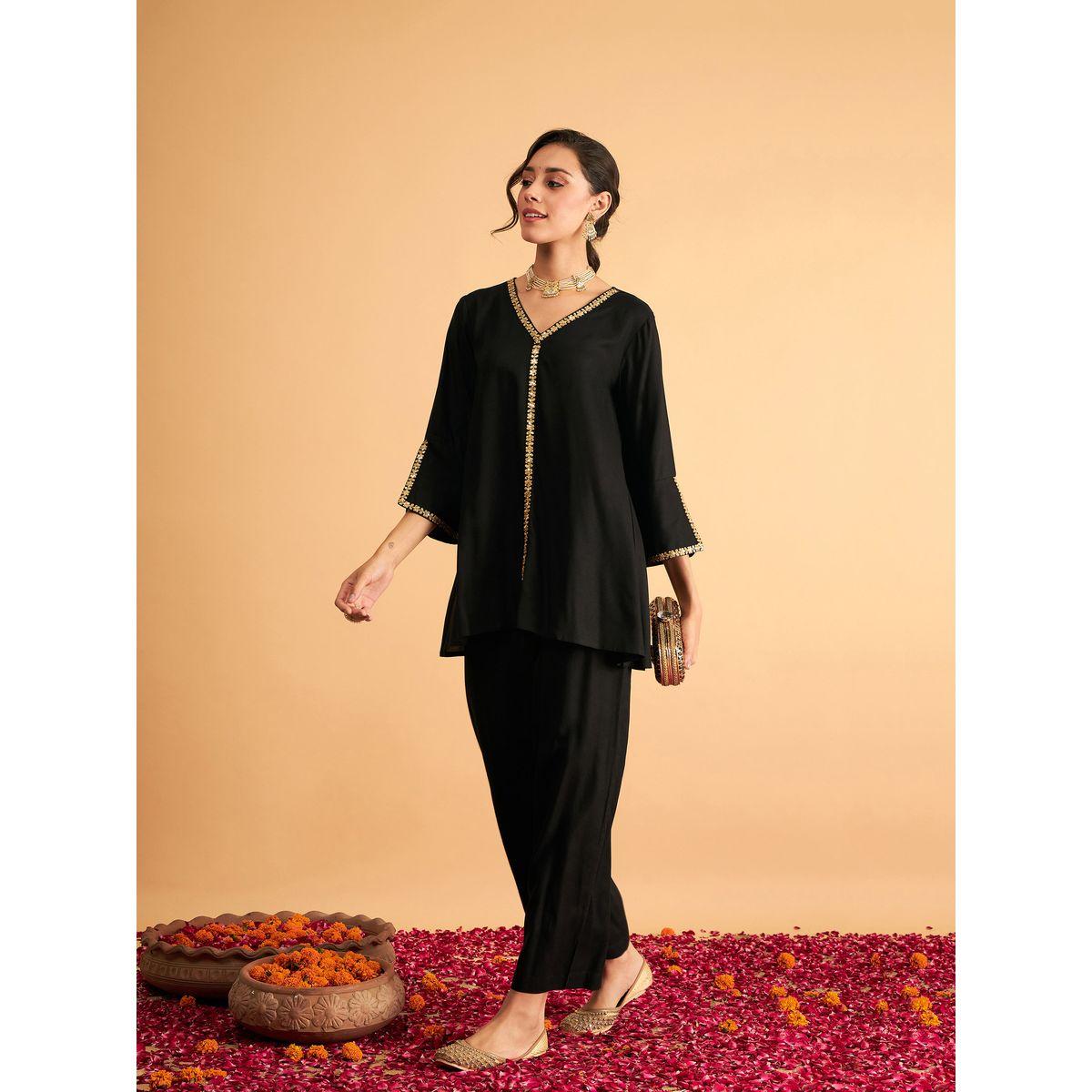 Sassafras X Styli Embroidered Trim A Line Longline Top and Straight Pant Sets-women-clothing-ethnicwear-salwarsuits-image-7
