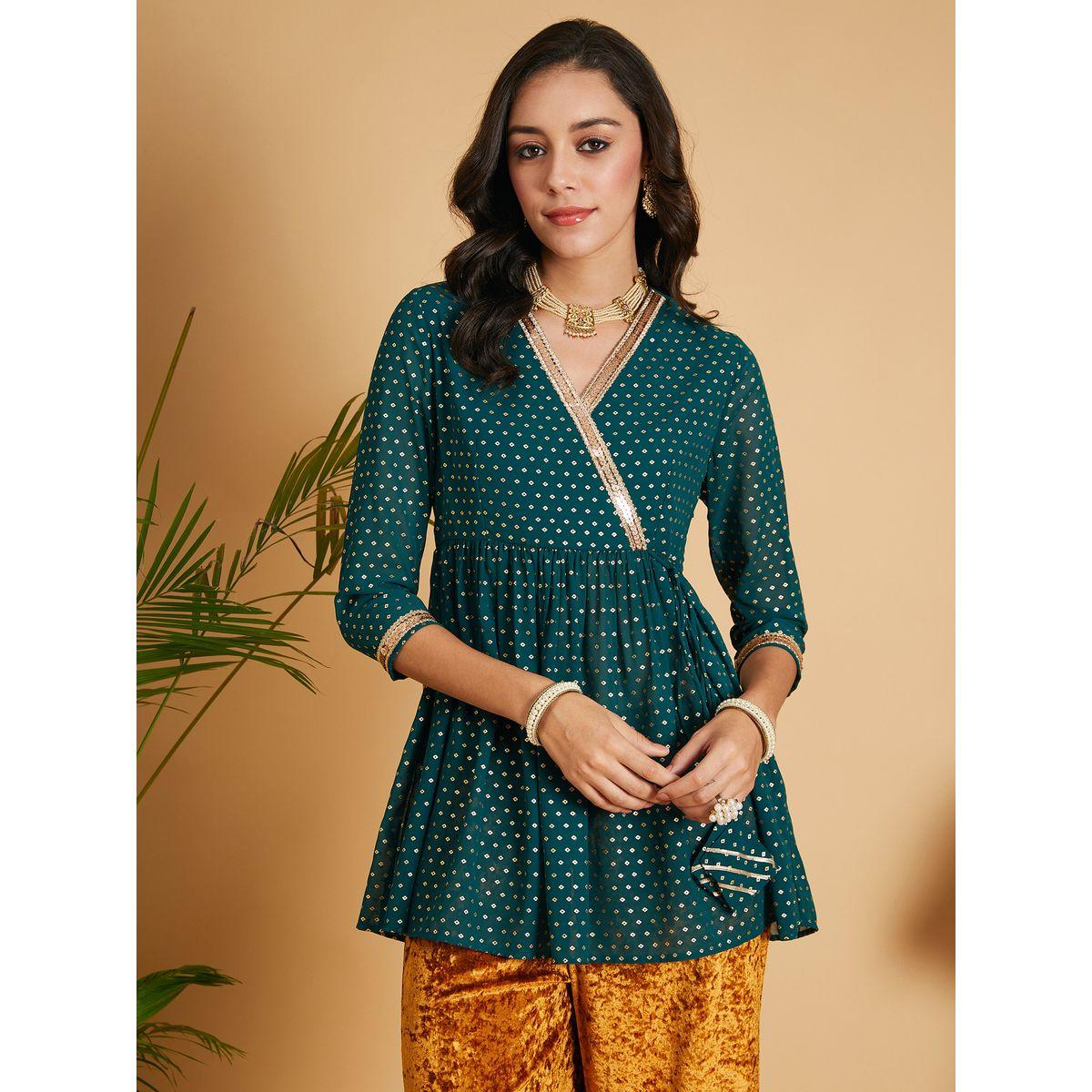 Sassafras X Styli Embroidered Trim Foil Print Wrap Peplum Top-women-clothing-ethnicwear-dresses-image-2
