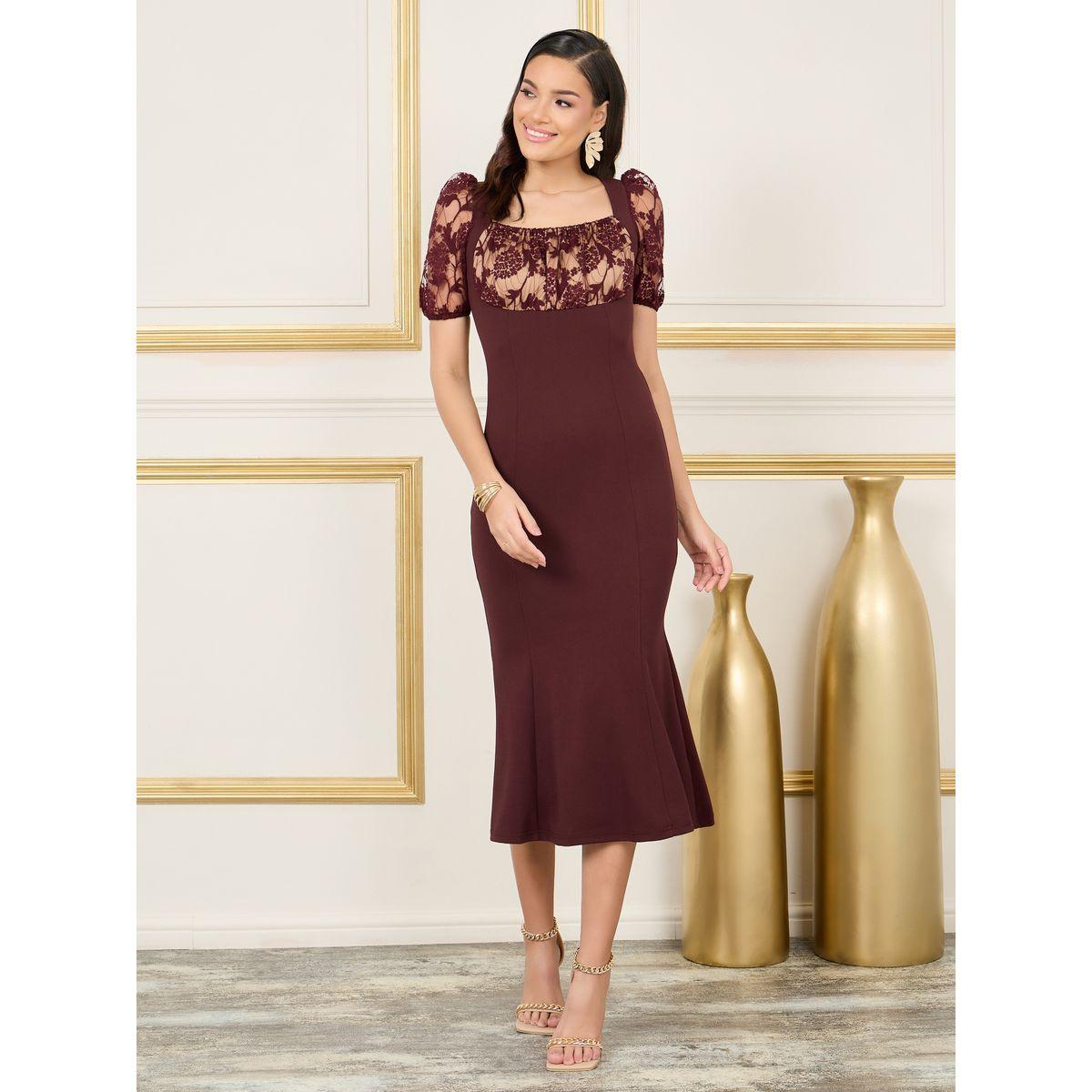 Styli Lace Detail Puff Sleeves Mermaid Hem Midi Dress-women-clothing-dresses-image-1