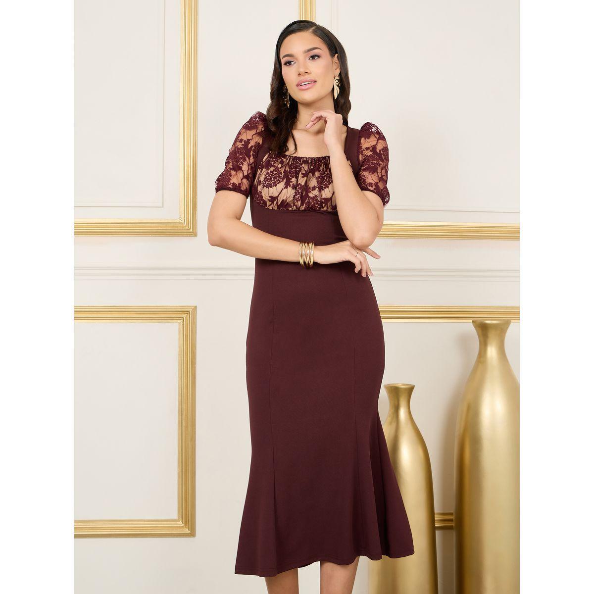 Styli Lace Detail Puff Sleeves Mermaid Hem Midi Dress-women-clothing-dresses-image-2