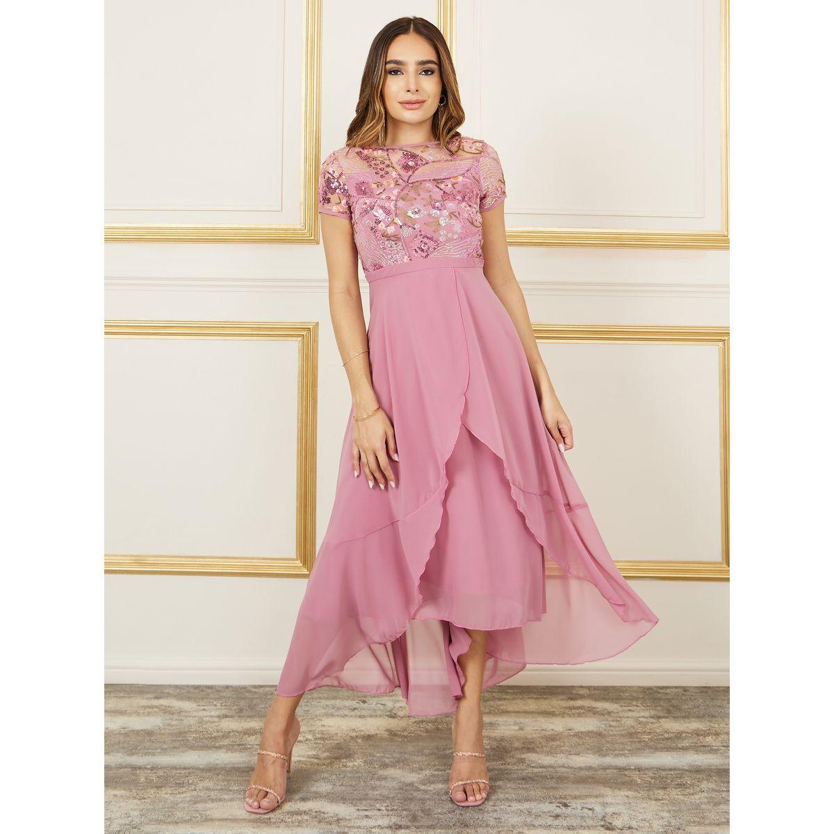 Styli Thread Embroidered Sequin Detail Mesh Insert A-Line Midi Dress-women-clothing-dresses-image-1