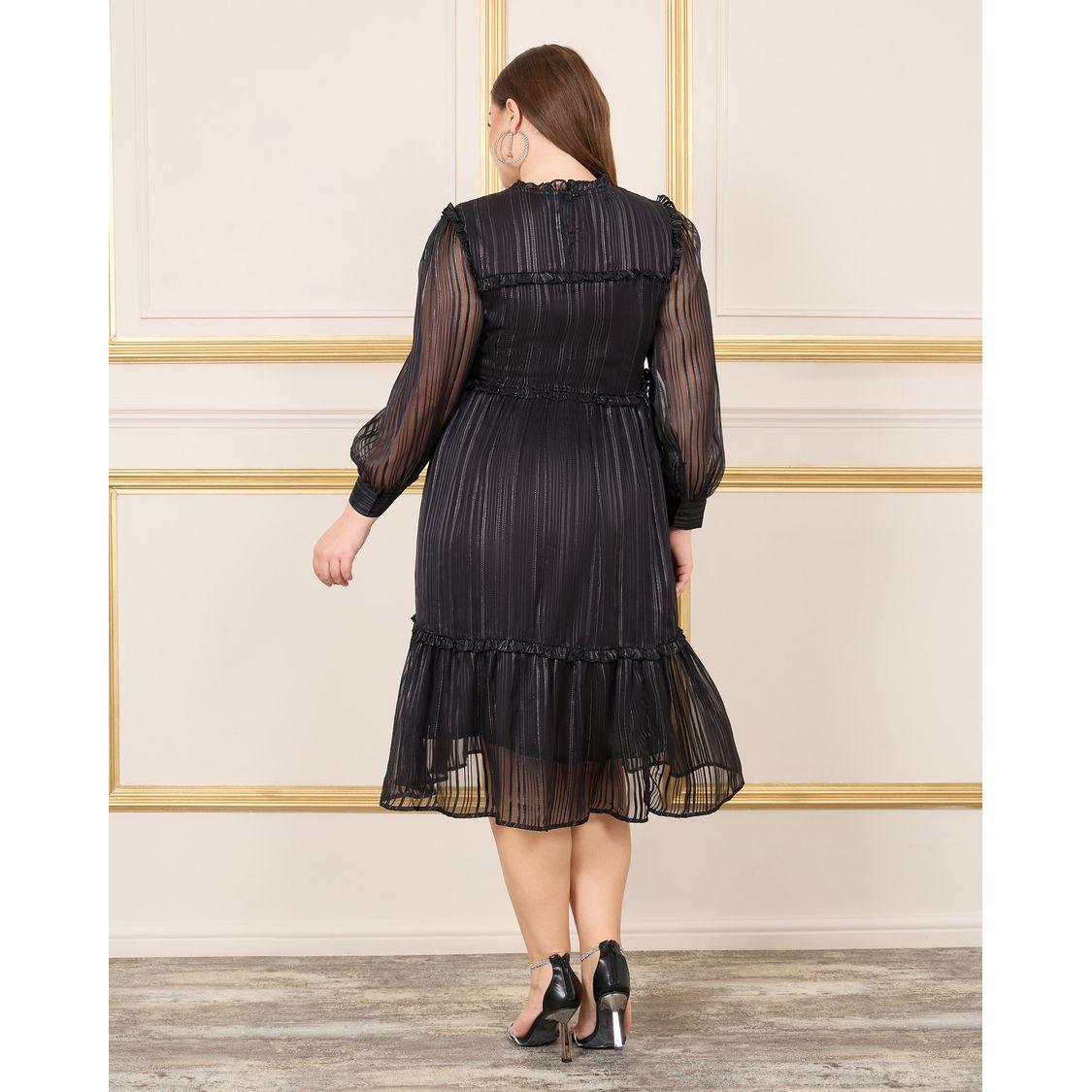Styli Plus Lurex Striped Frill Detail High Neck A-Line Midi Dress-women-clothing-dresses-image-5