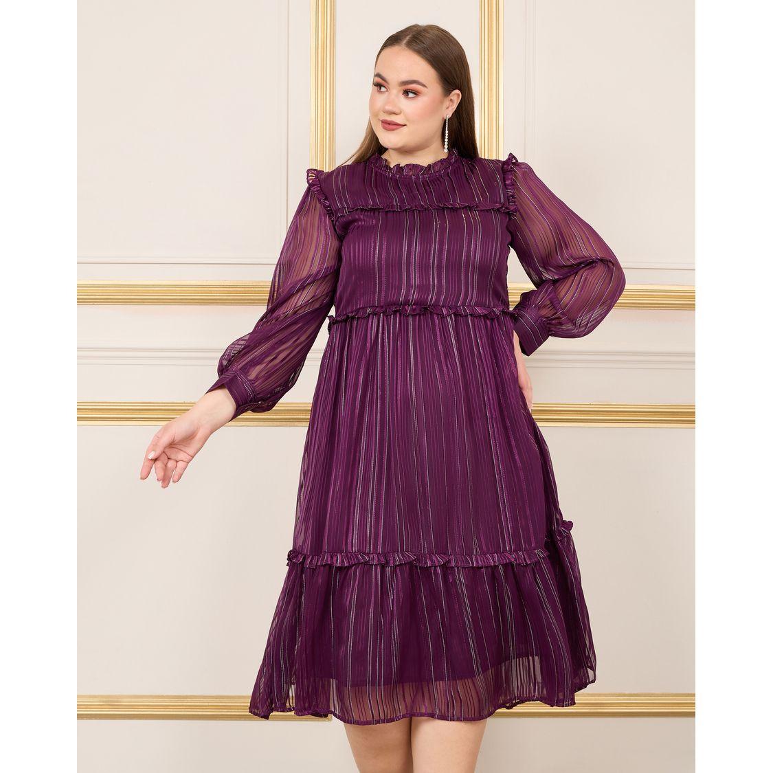 Styli Plus Lurex Striped Frill Detail High Neck A-Line Midi Dress-women-clothing-dresses-image-2