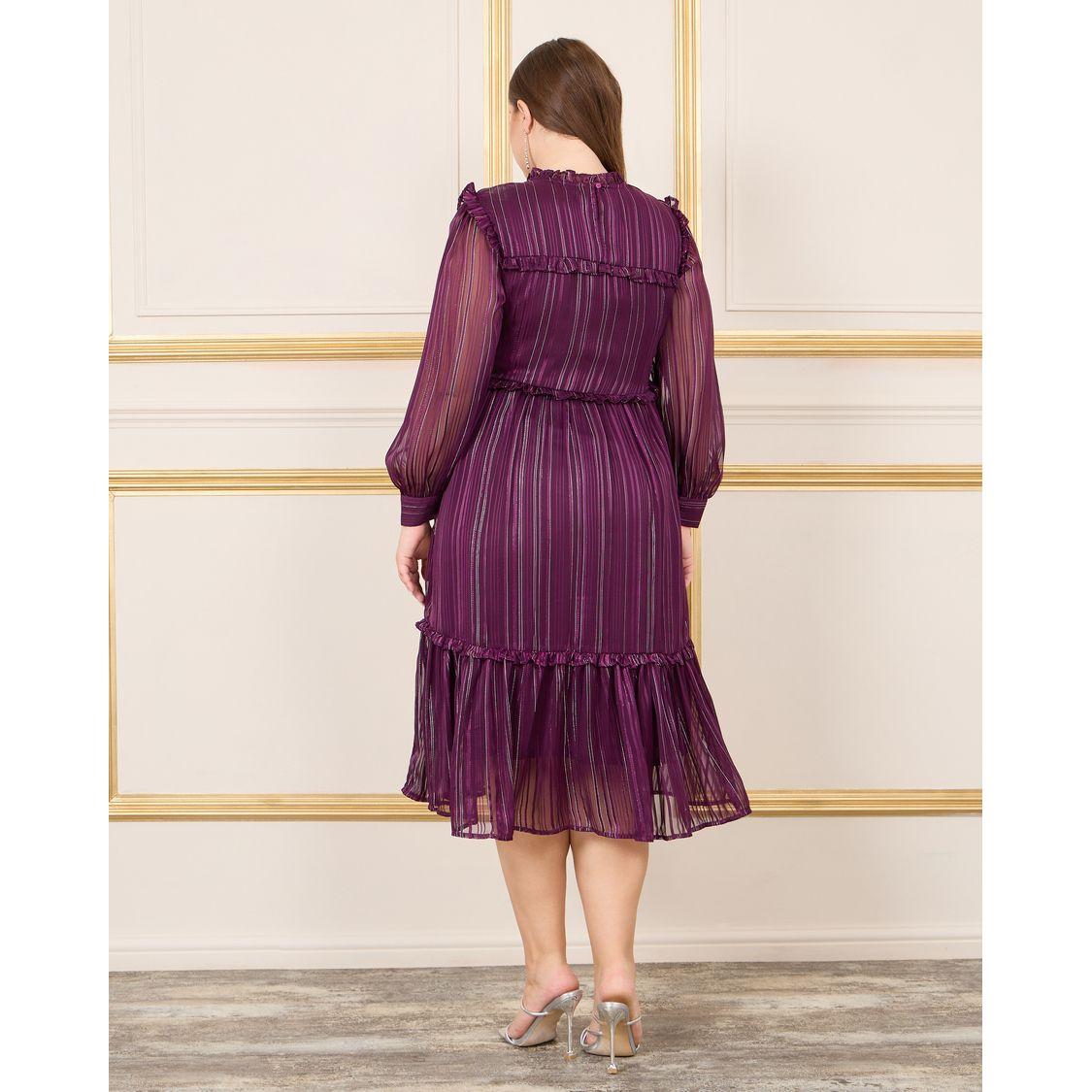 Styli Plus Lurex Striped Frill Detail High Neck A-Line Midi Dress-women-clothing-dresses-image-4