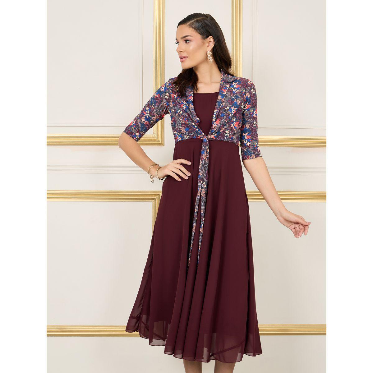 Styli Floral Print A-line Maxi Dress with Attached Crop Tie Up Shirt-women-clothing-dresses-image-2