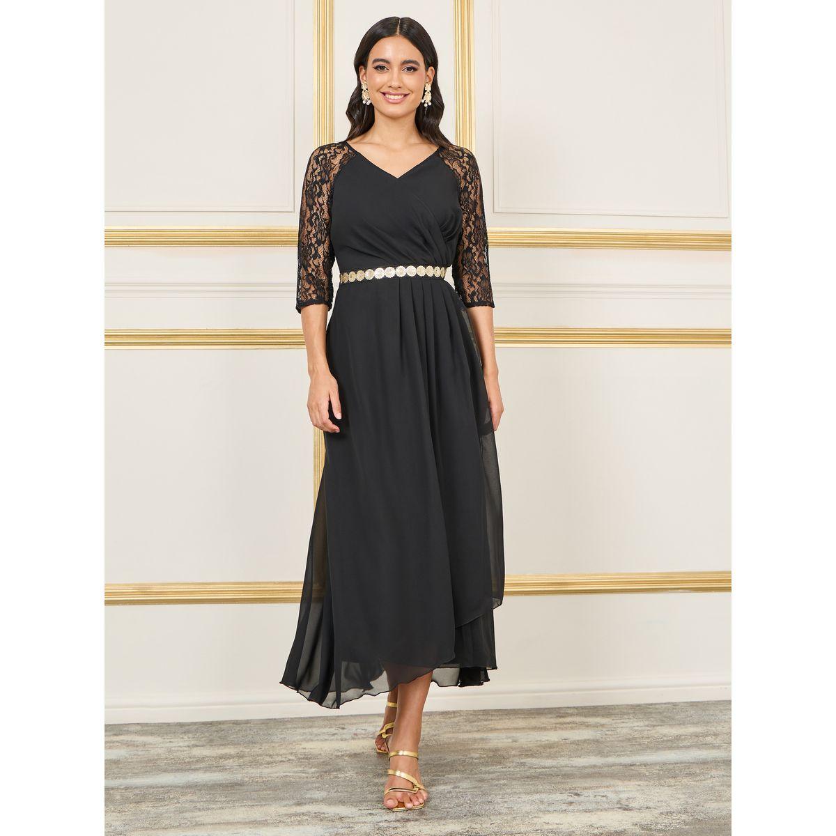 Styli Sequin Detail Waist Lace Sleeves  Pleated A-Line Maxi Dress-women-clothing-dresses-image-1