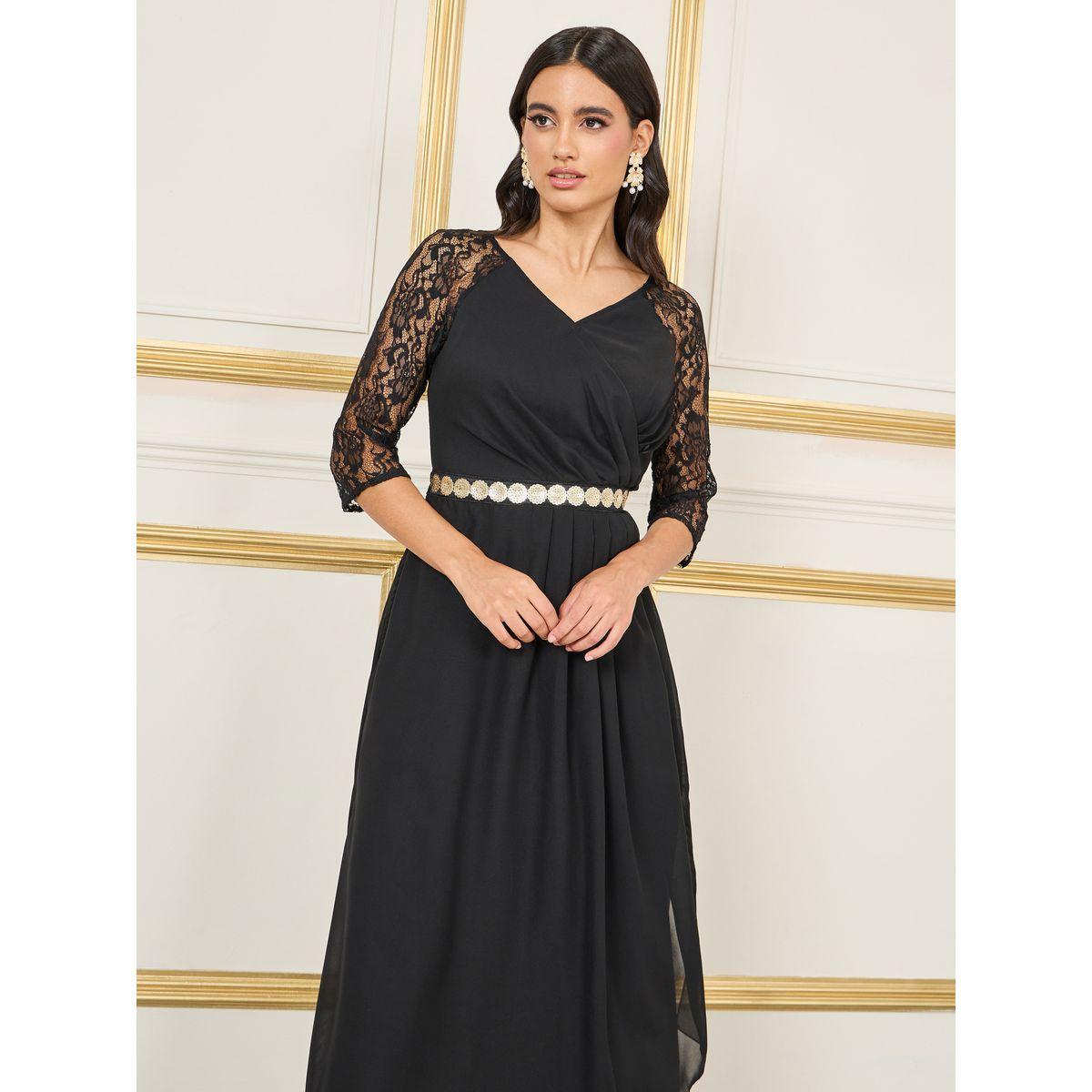 Styli Sequin Detail Waist Lace Sleeves  Pleated A-Line Maxi Dress-women-clothing-dresses-image-2