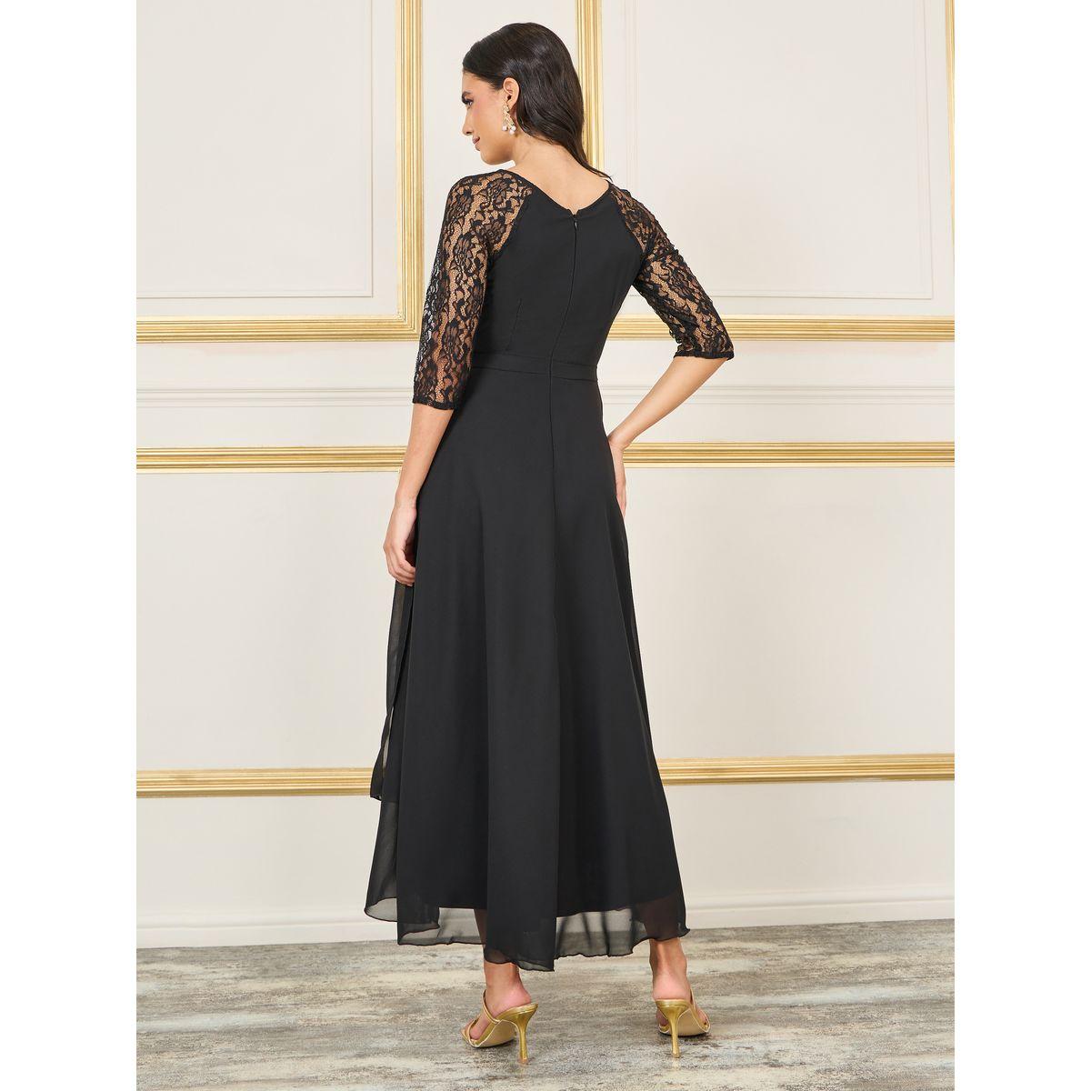 Styli Sequin Detail Waist Lace Sleeves  Pleated A-Line Maxi Dress-women-clothing-dresses-image-4