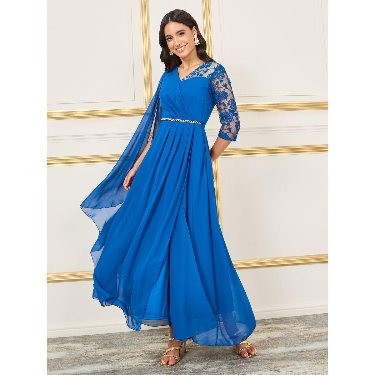 Styli Chain Waist Lace Detail Cape Sleeves A-Line Maxi Dress-women-clothing-dresses-image-1