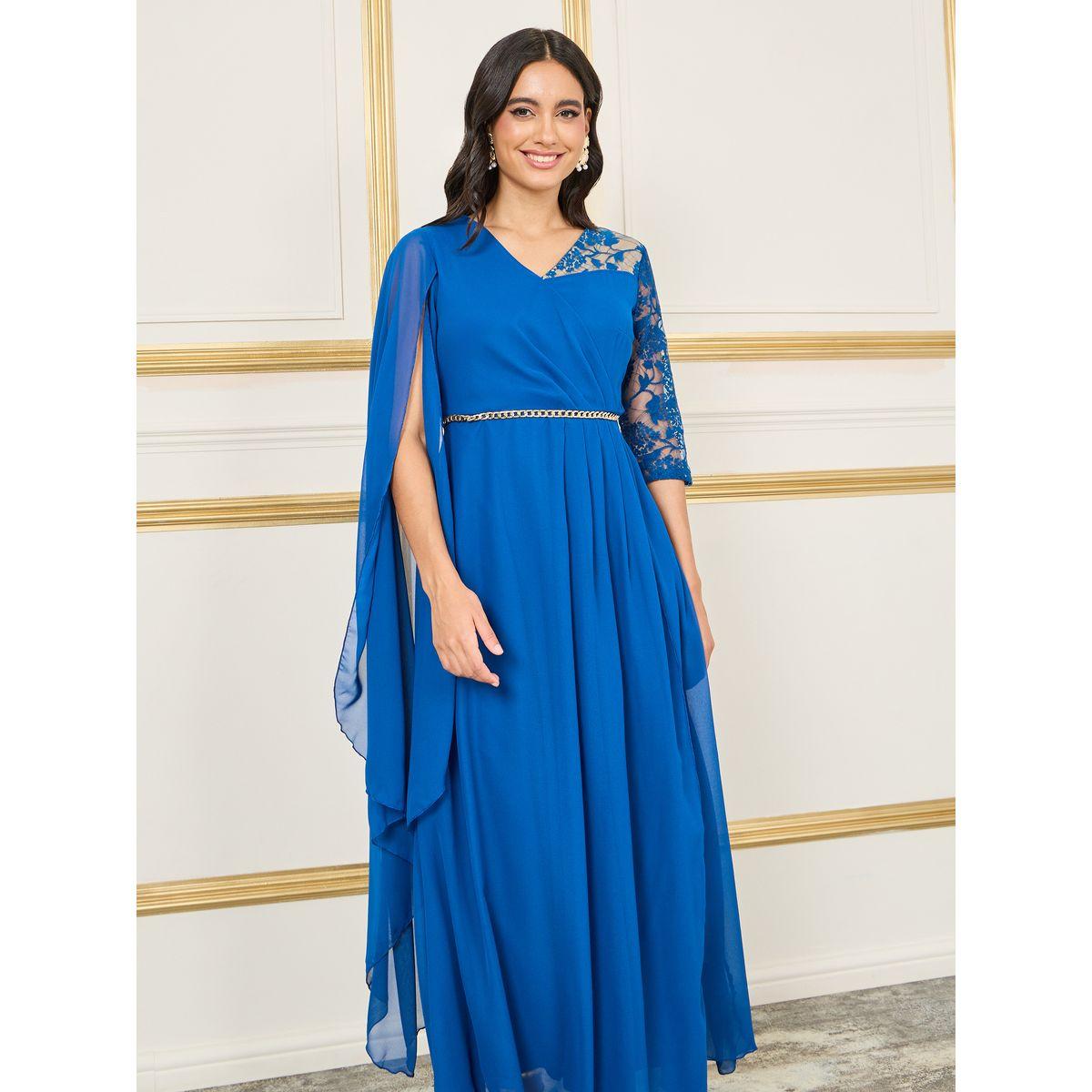 Styli Chain Waist Lace Detail Cape Sleeves A-Line Maxi Dress-women-clothing-dresses-image-2