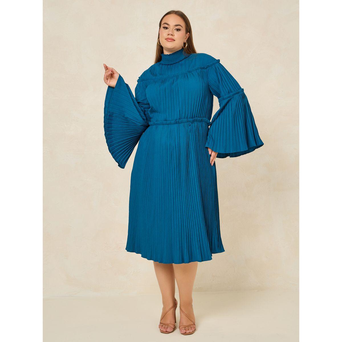 Styli Plus High Neck Pleated Midi Dress with Bell Sleeves-women-clothing-dresses-image-1