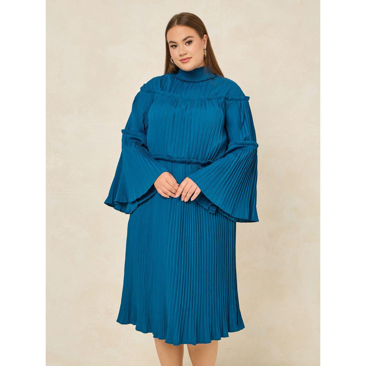 Styli Plus High Neck Pleated Midi Dress with Bell Sleeves-women-clothing-dresses-image-2