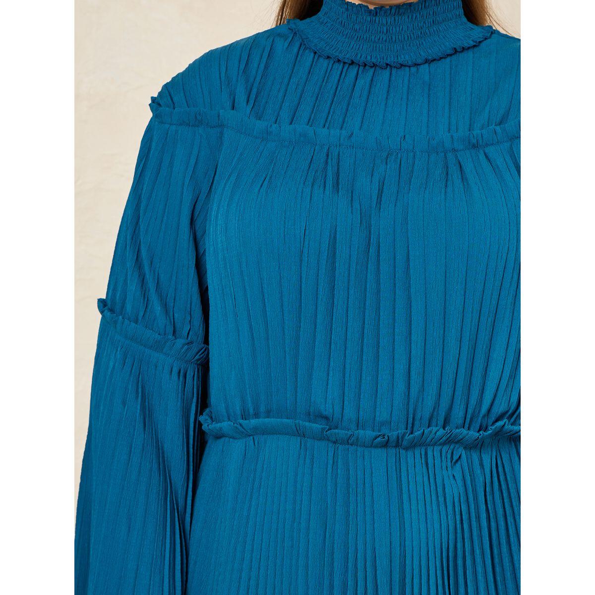 فستان ميدي بمقاس كبير مع ياقة عالية وكسرات-women-clothing-dresses-image-3