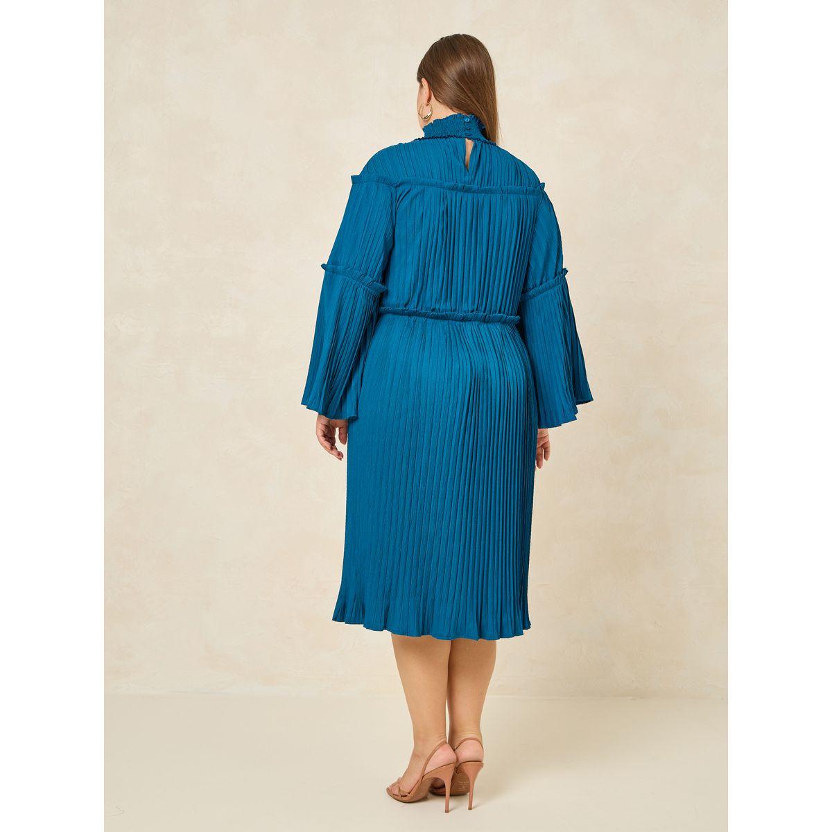 Styli Plus High Neck Pleated Midi Dress with Bell Sleeves-women-clothing-dresses-image-4