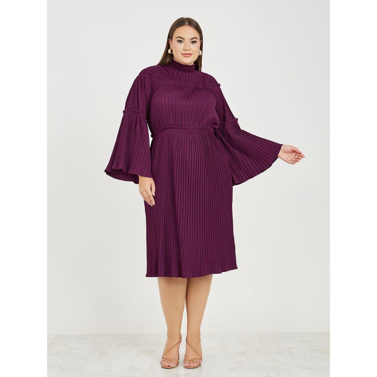 Styli Plus High Neck Pleated Midi Dress with Bell Sleeves-women-clothing-dresses-image-1