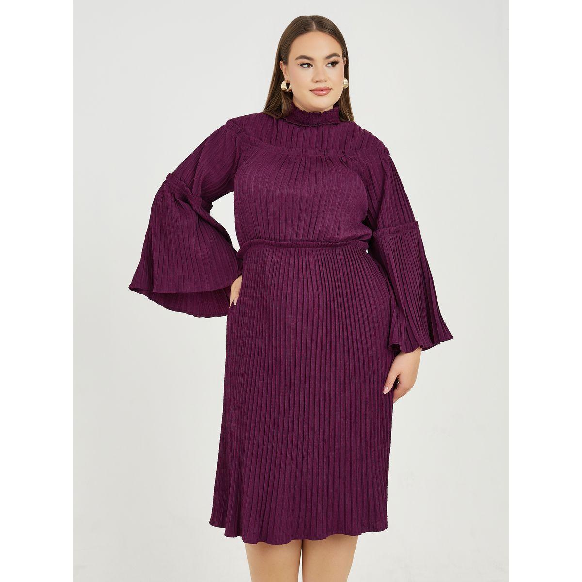Styli Plus High Neck Pleated Midi Dress with Bell Sleeves-women-clothing-dresses-image-2