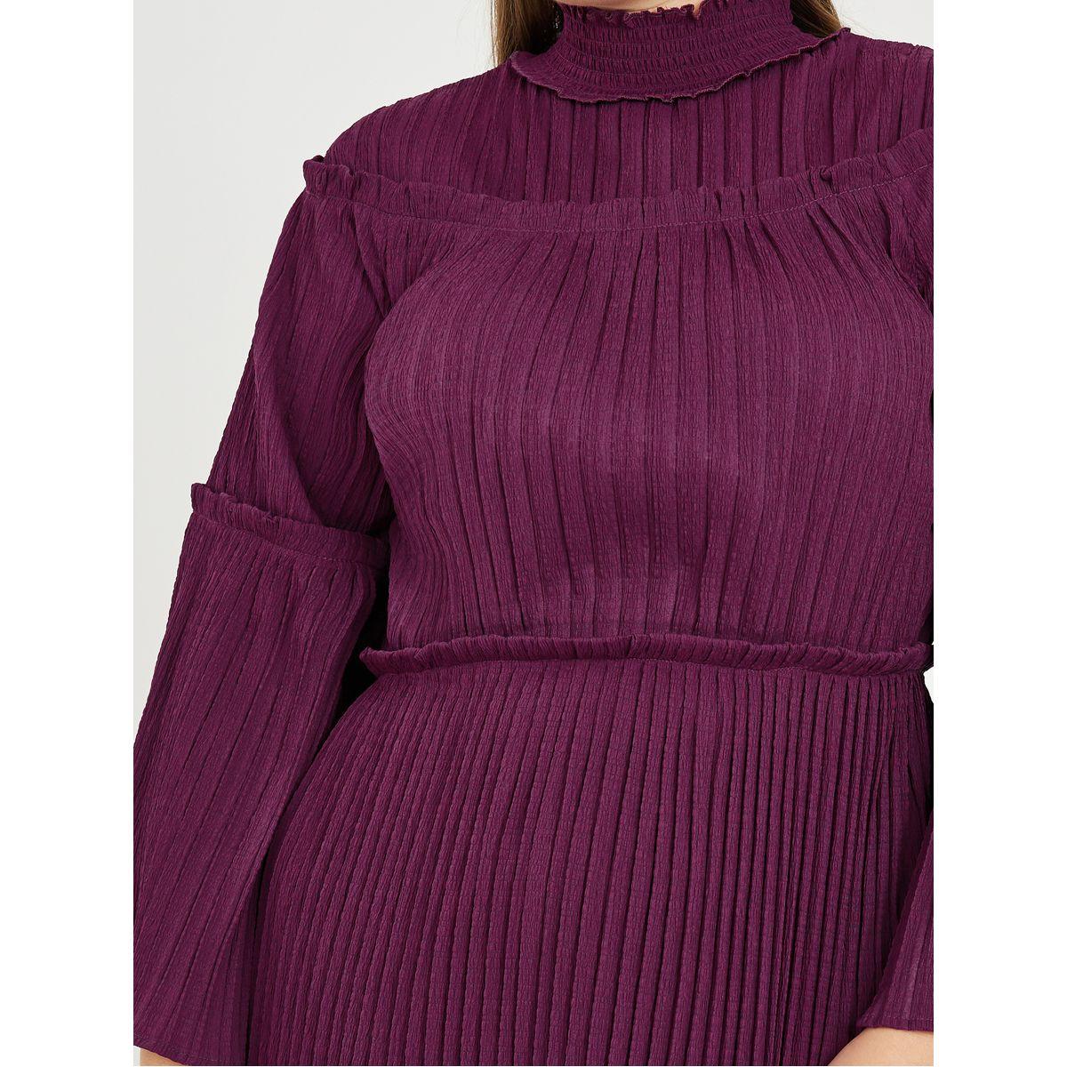 فستان ميدي بمقاس كبير مع ياقة عالية وكسرات-women-clothing-dresses-image-3