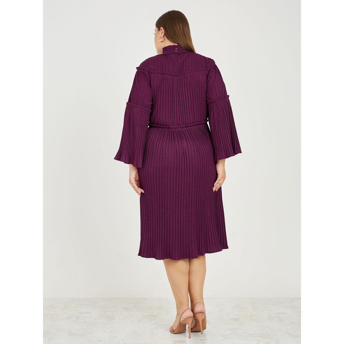 فستان ميدي بمقاس كبير مع ياقة عالية وكسرات-women-clothing-dresses-image-4