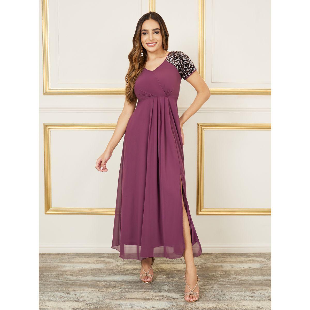Styli Sequin Detail Sleeves Pleated Maxi Dress with Side Slit-women-clothing-dresses-image-1