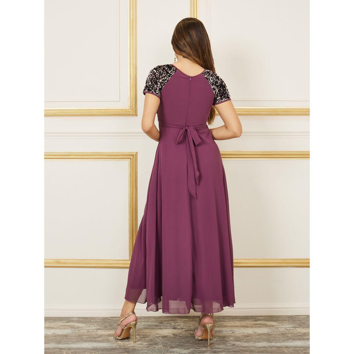 Styli Sequin Detail Sleeves Pleated Maxi Dress with Side Slit-women-clothing-dresses-image-4