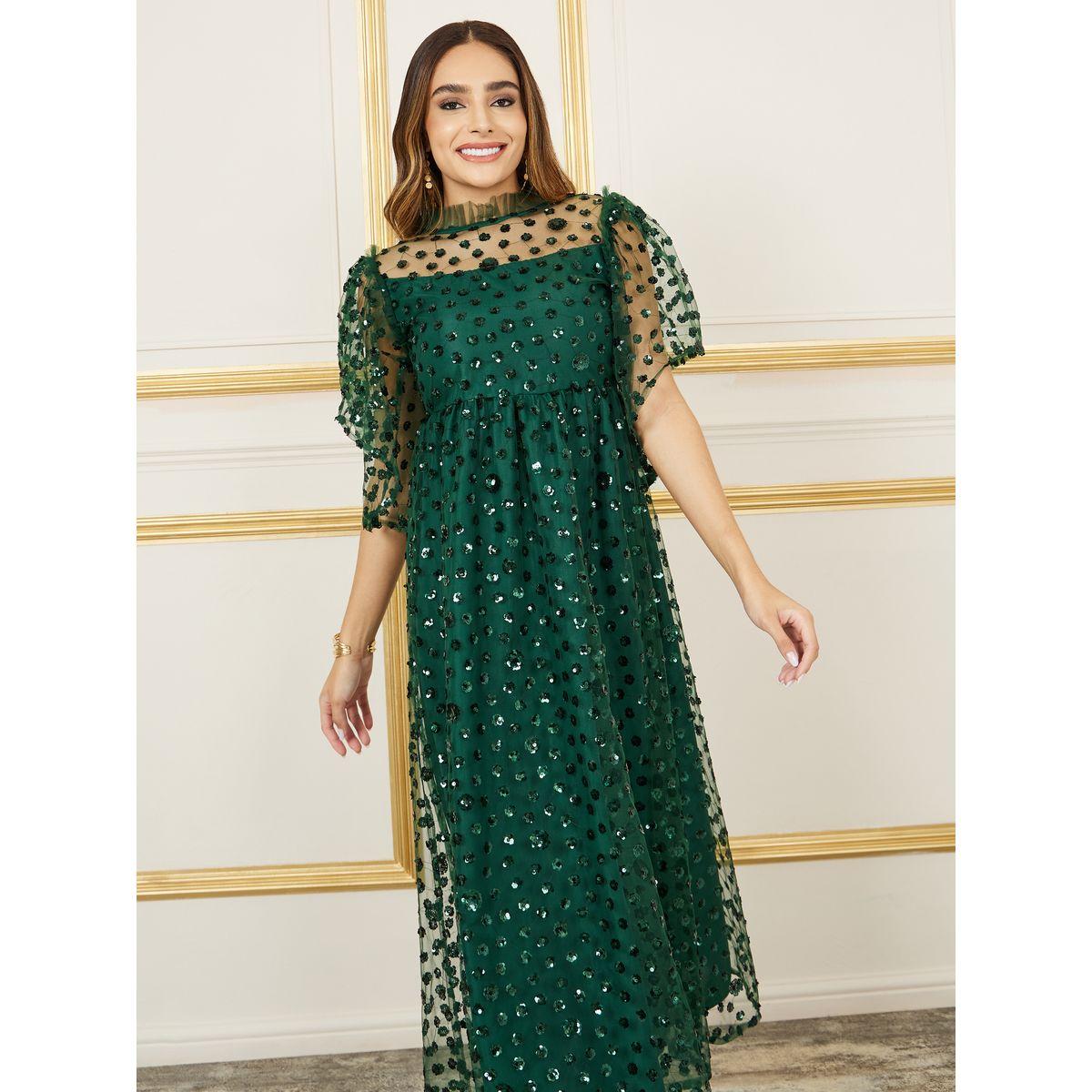 Styli Sequin Detail Mesh Insert A-Line Maxi Dress-women-clothing-dresses-image-2