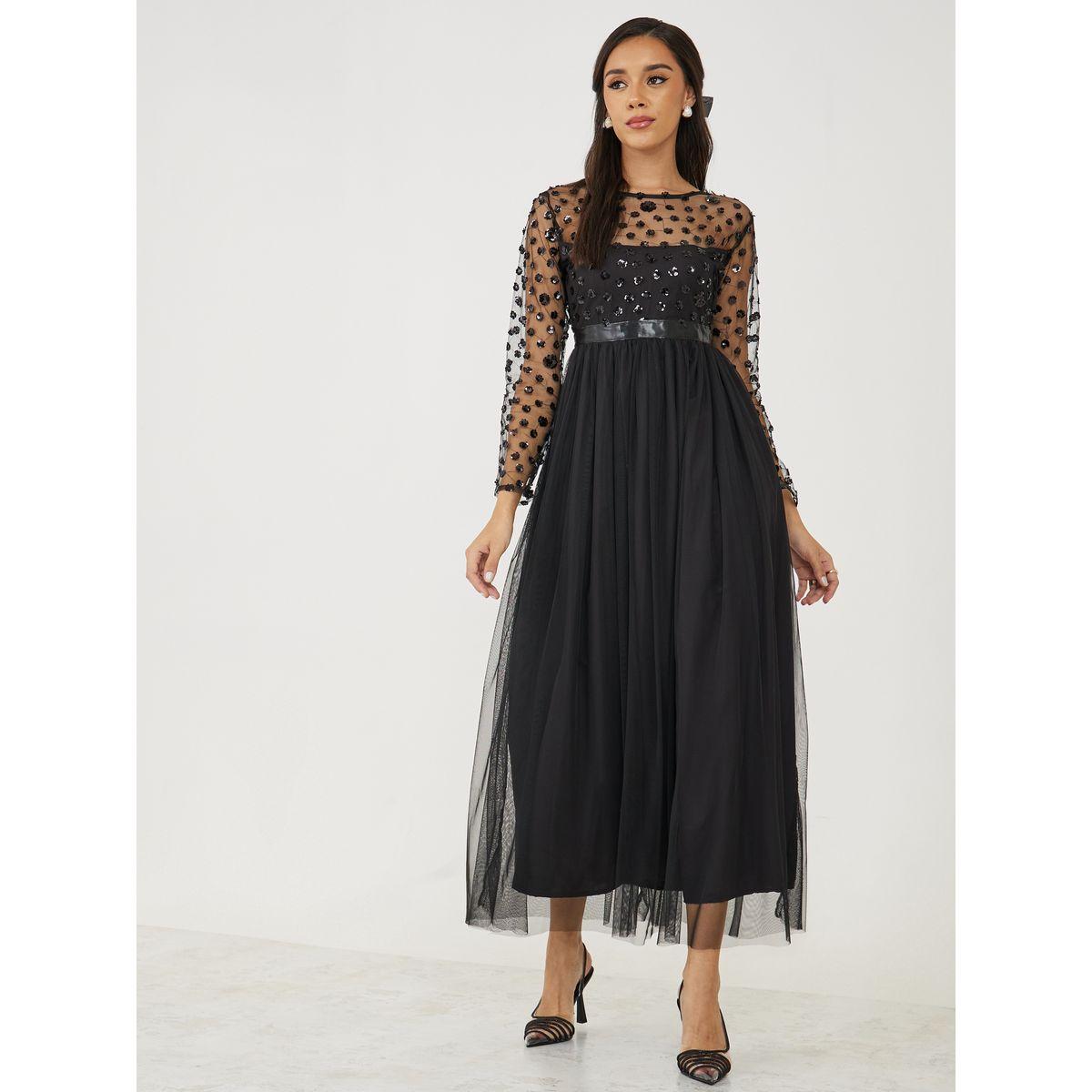 Styli Sequin Embellished Mesh Insert A-Line Maxi Dress-women-clothing-dresses-image-1