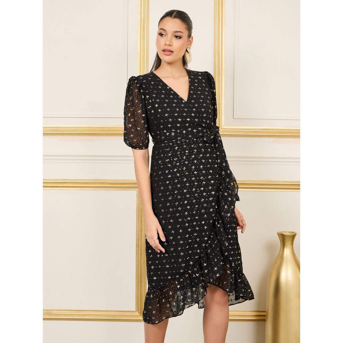فستان ميدي بنمط لف واكمام منفوخة-women-clothing-dresses-image-1