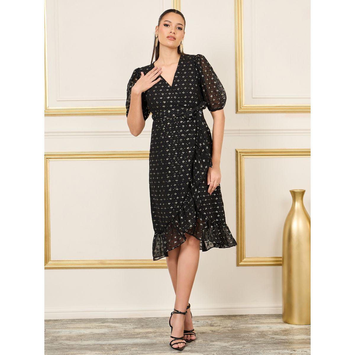Styli Sequin Detail Puff Sleeves Wrap Midi Dress-women-clothing-dresses-image-2
