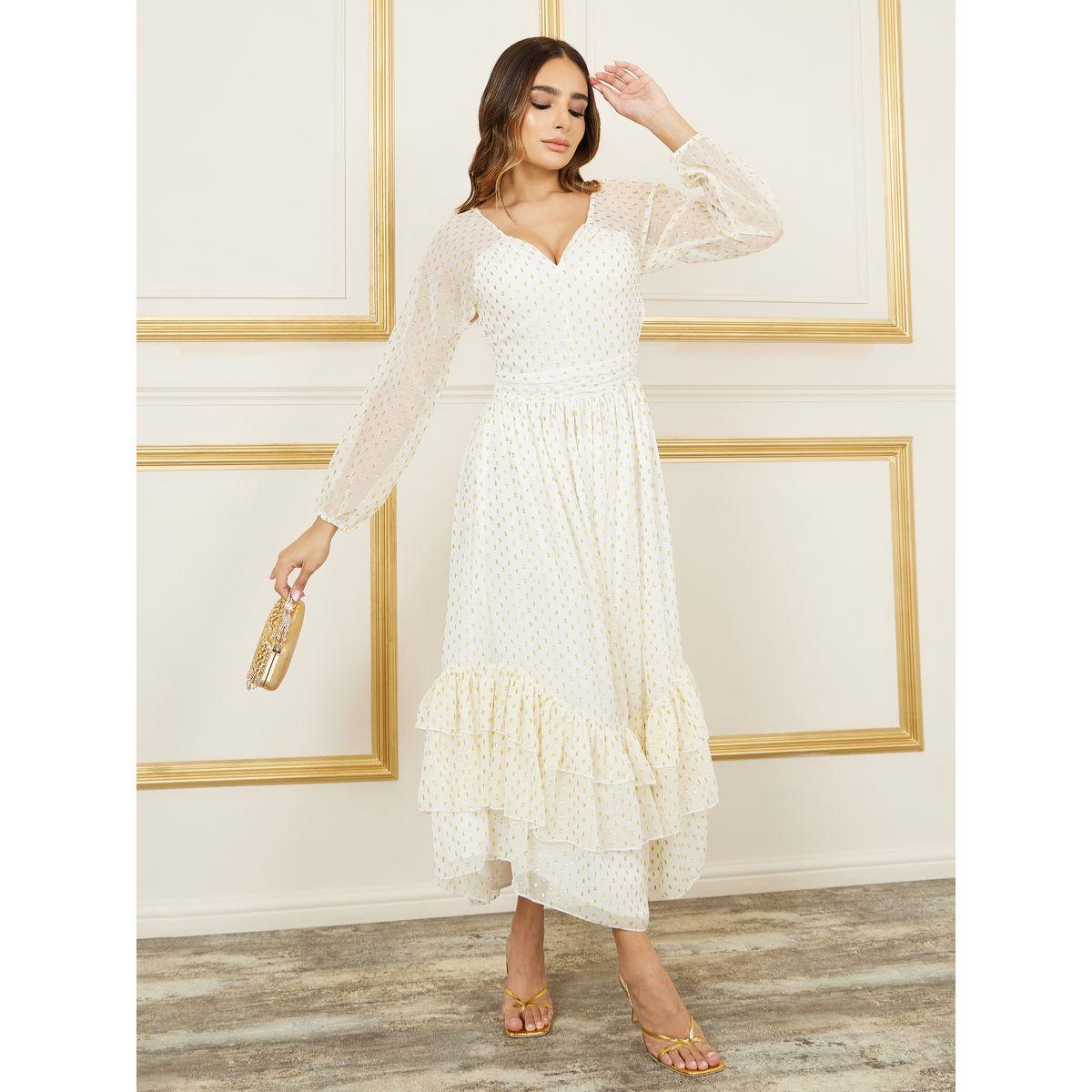 فستان طويل بياقة على شكل قلب مع كشكش-women-clothing-dresses-image-1