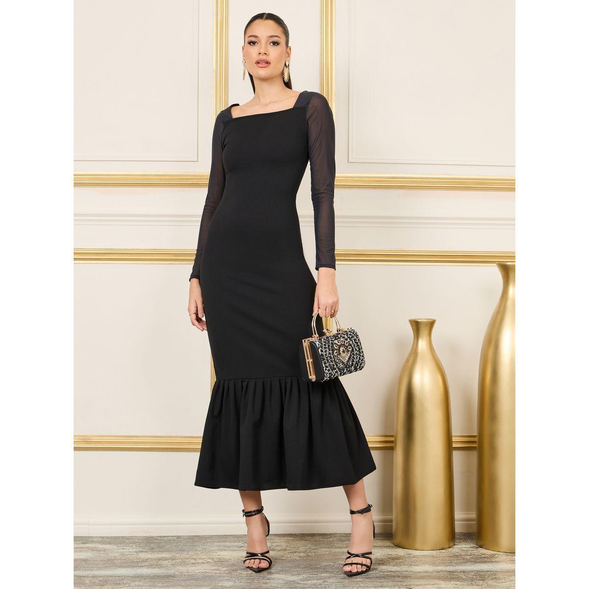 Styli Mesh Sleeves Square Wide Neck Mermaid Midi Dress-women-clothing-dresses-image-1