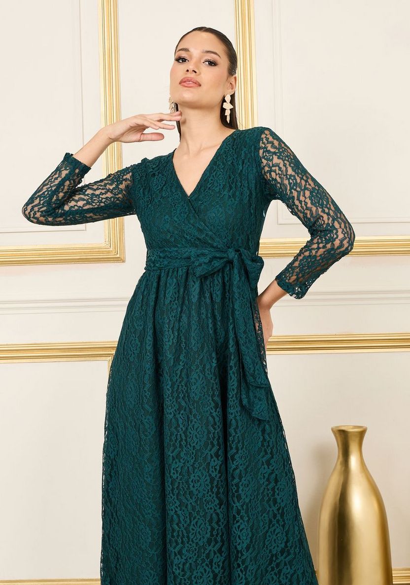 Shop Styli All Over Lace Self Tie Up Wrap Midi Dress Online