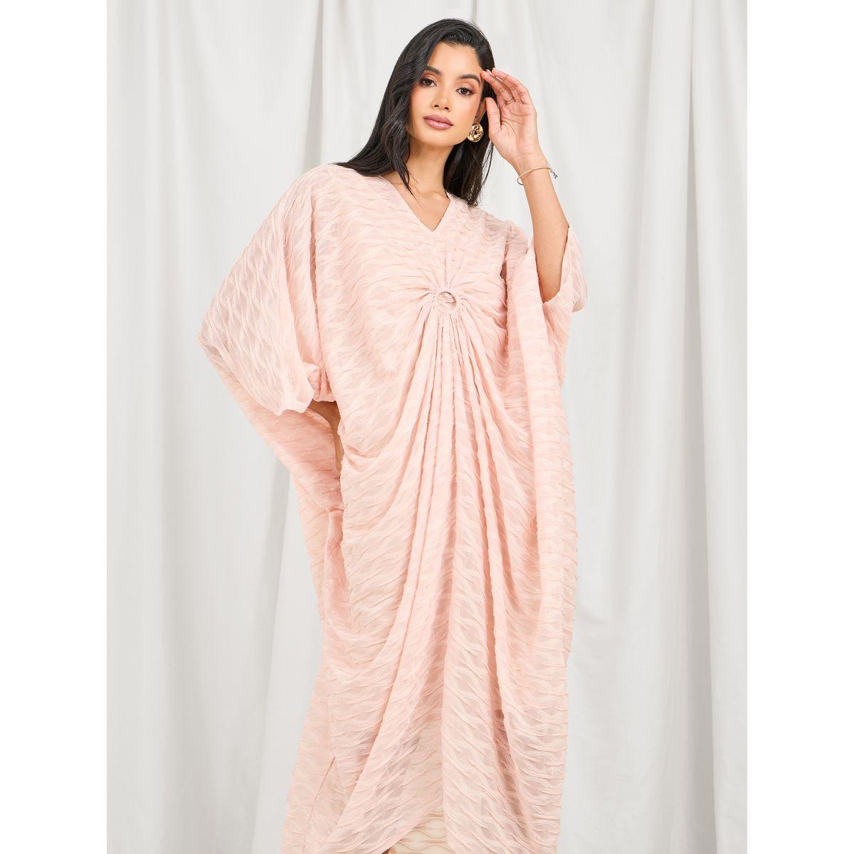 Styli Limited Textured O Ringer Ruched Detail Kaftan Dress-women-clothing-dresses-image-2