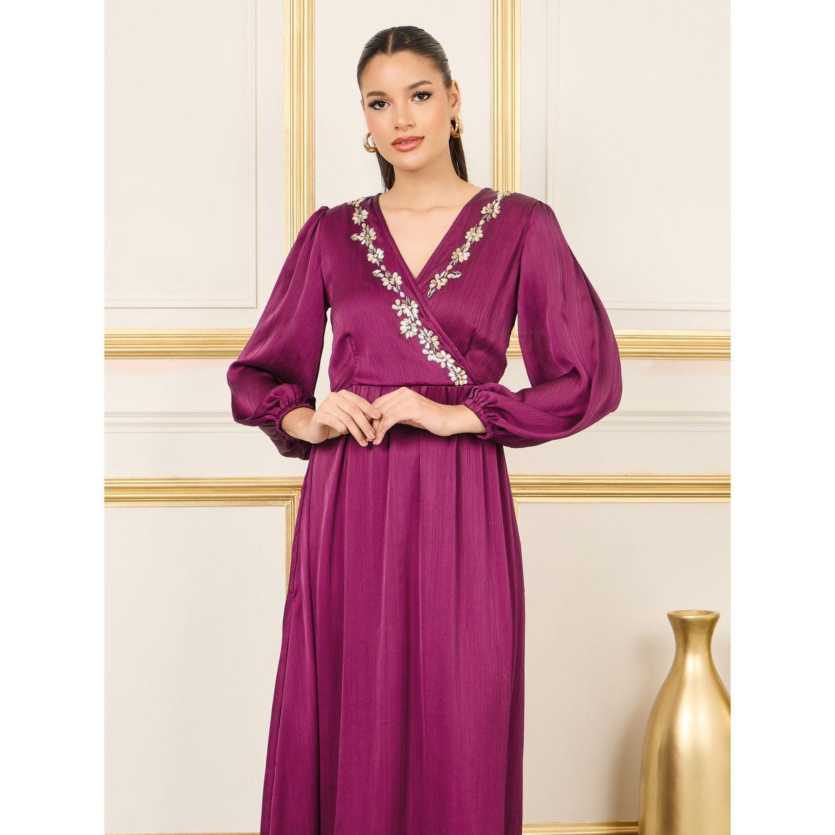 Styli Satin Stone Beaded Detail A-Line Maxi Dress-women-clothing-dresses-image-2