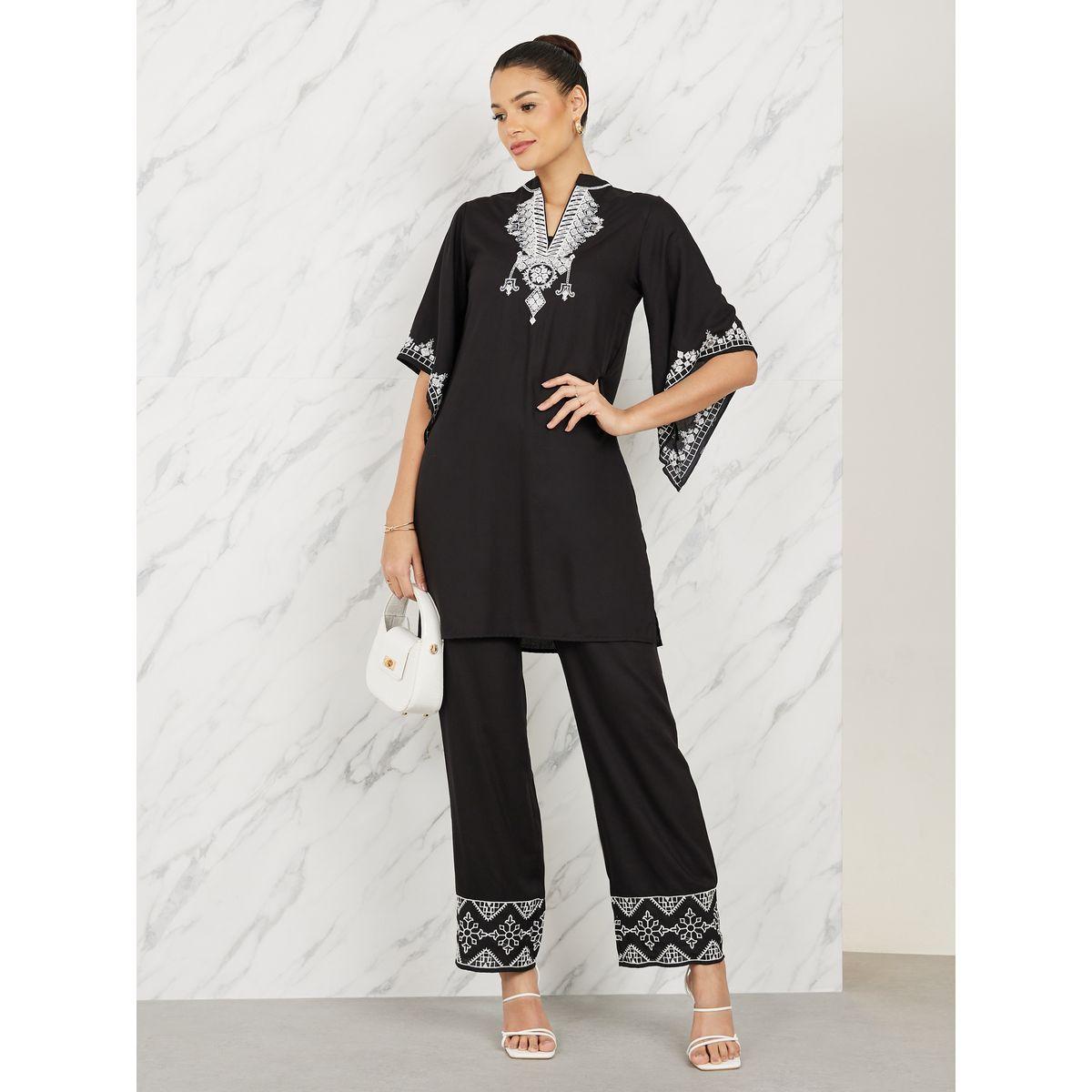 Styli Limited Contrast Embroidery Detail Tunic & Straight Pants Co-Ords-women-clothing-coordsets-image-1