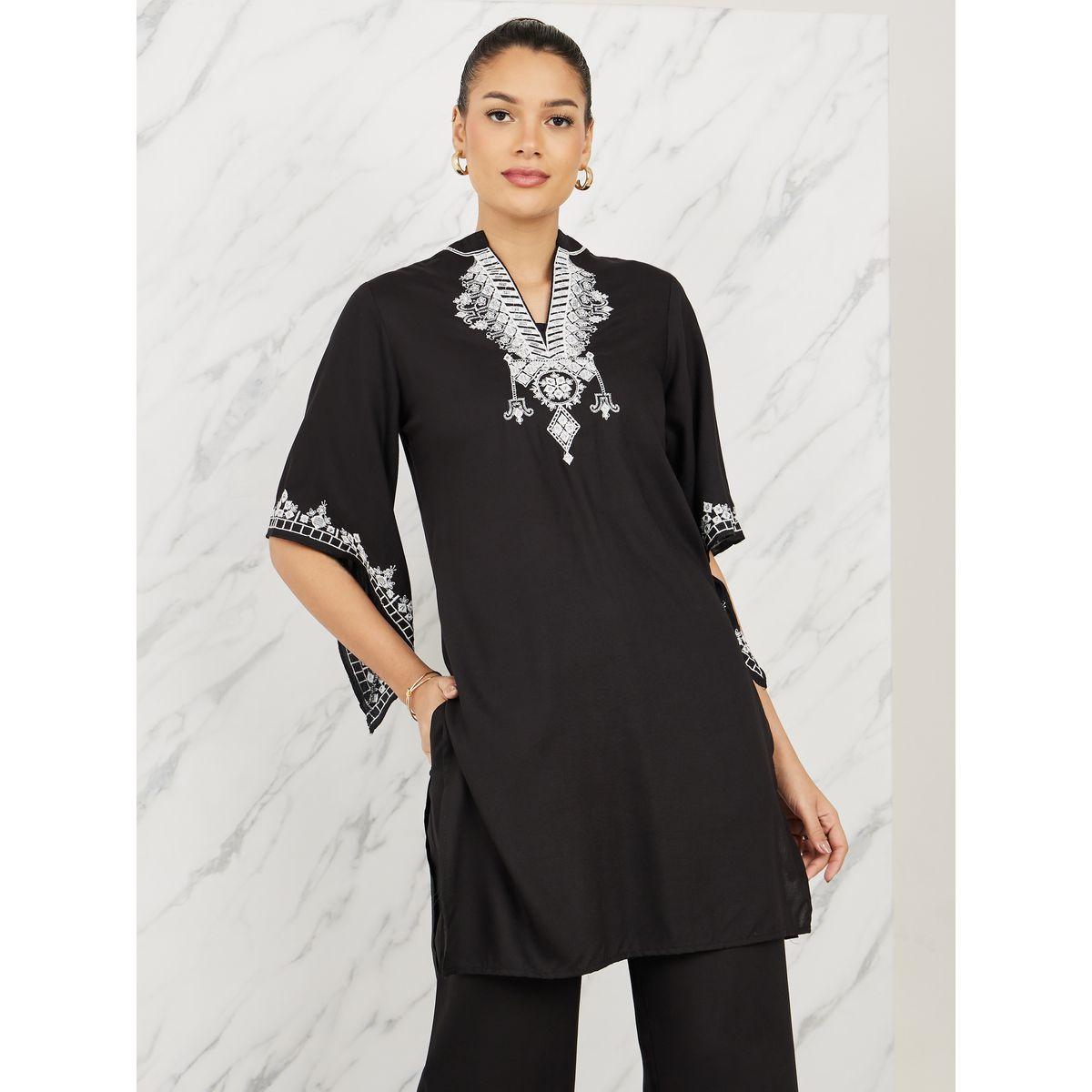 Styli Limited Contrast Embroidery Detail Tunic & Straight Pants Co-Ords-women-clothing-coordsets-image-2
