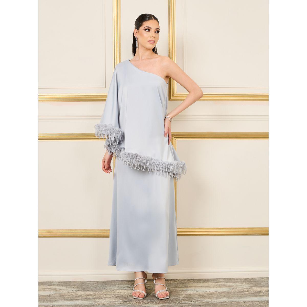 Styli Limited Faux Feather Trim Satin One Shoulder Neck Layer Maxi Dress-women-clothing-dresses-image-1