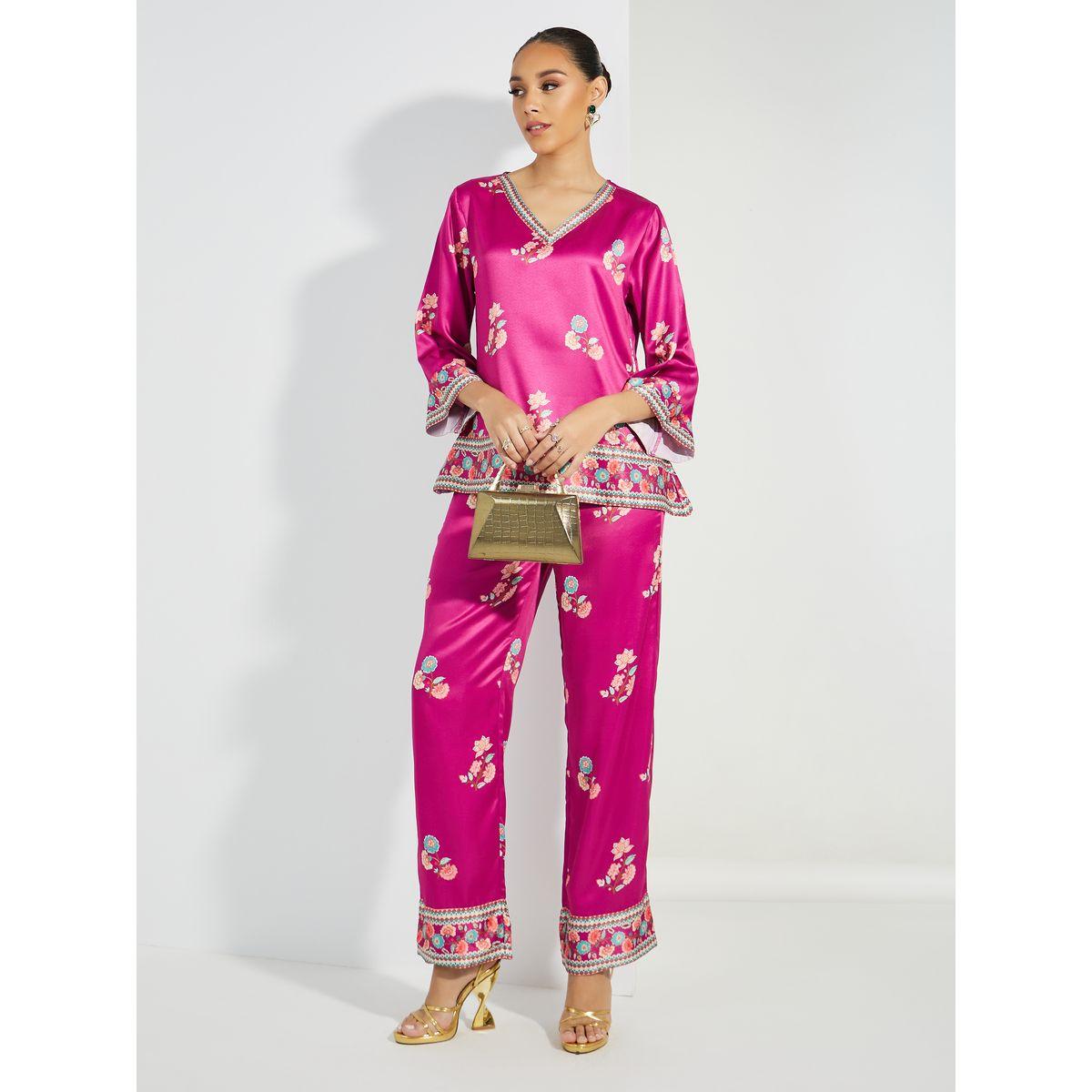 Styli Limited Floral Border Print V Neck Top & Pants Co-Ords-women-clothing-coordsets-image-1