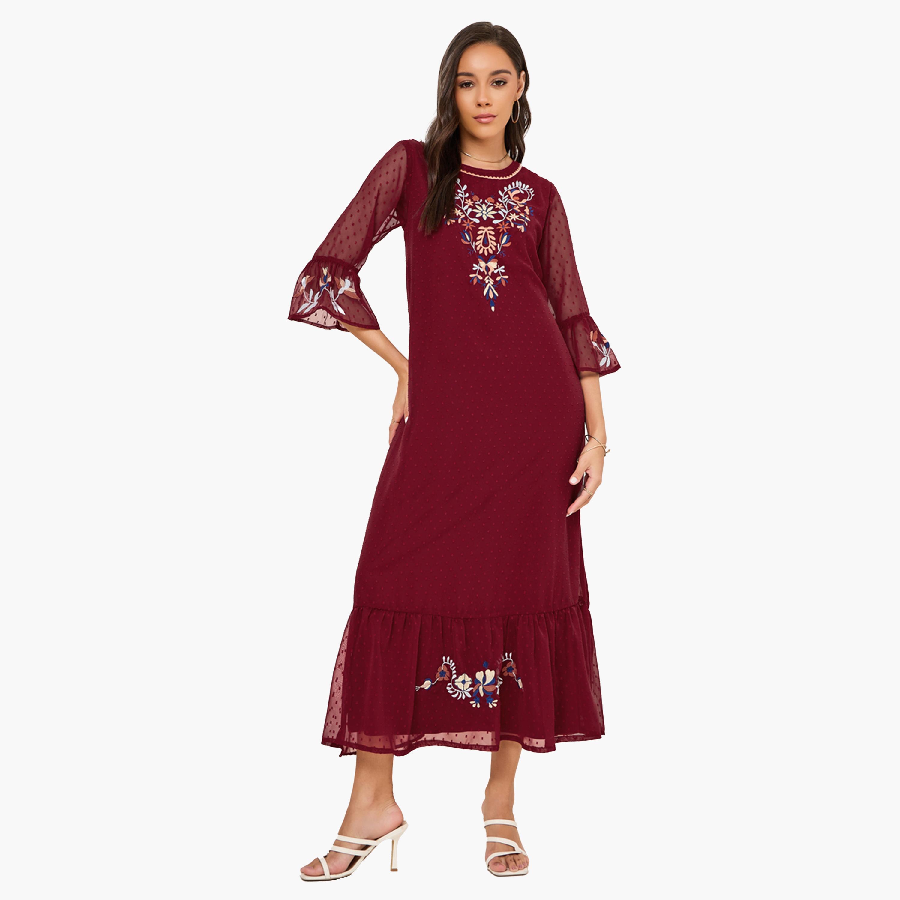 Styli Embroidery Detail Dobby Shift Maxi Dress-women-clothing-dresses-image-1